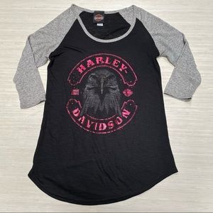 Harley Davidson Small Black Raglan 3/4 Sleeve Eagle Tee Top Shirt Loma Linda CA